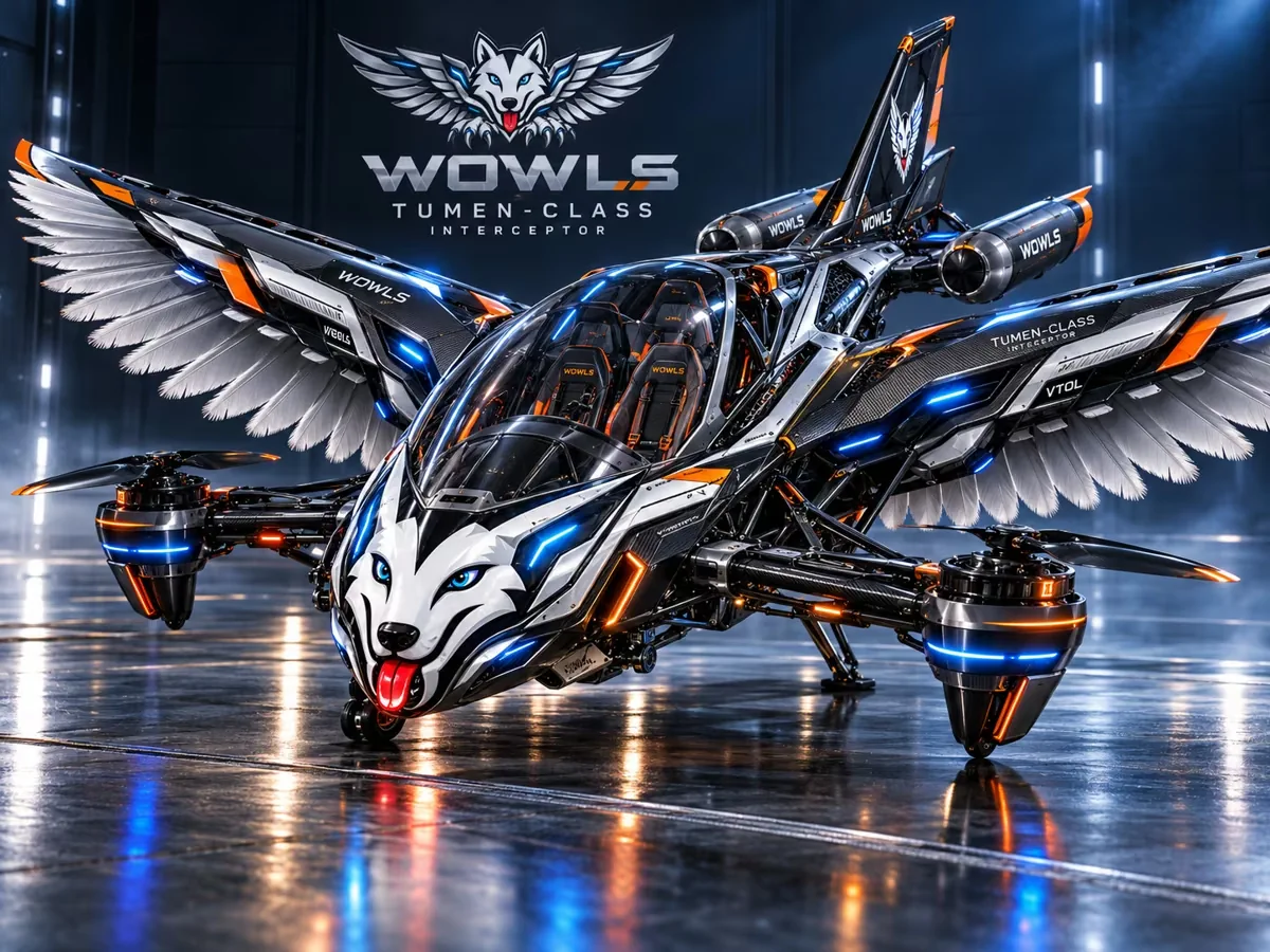 WOWLS! Tumen-Class Interceptor in a dark hangar, feathered wings spread wide and blue lights glowing