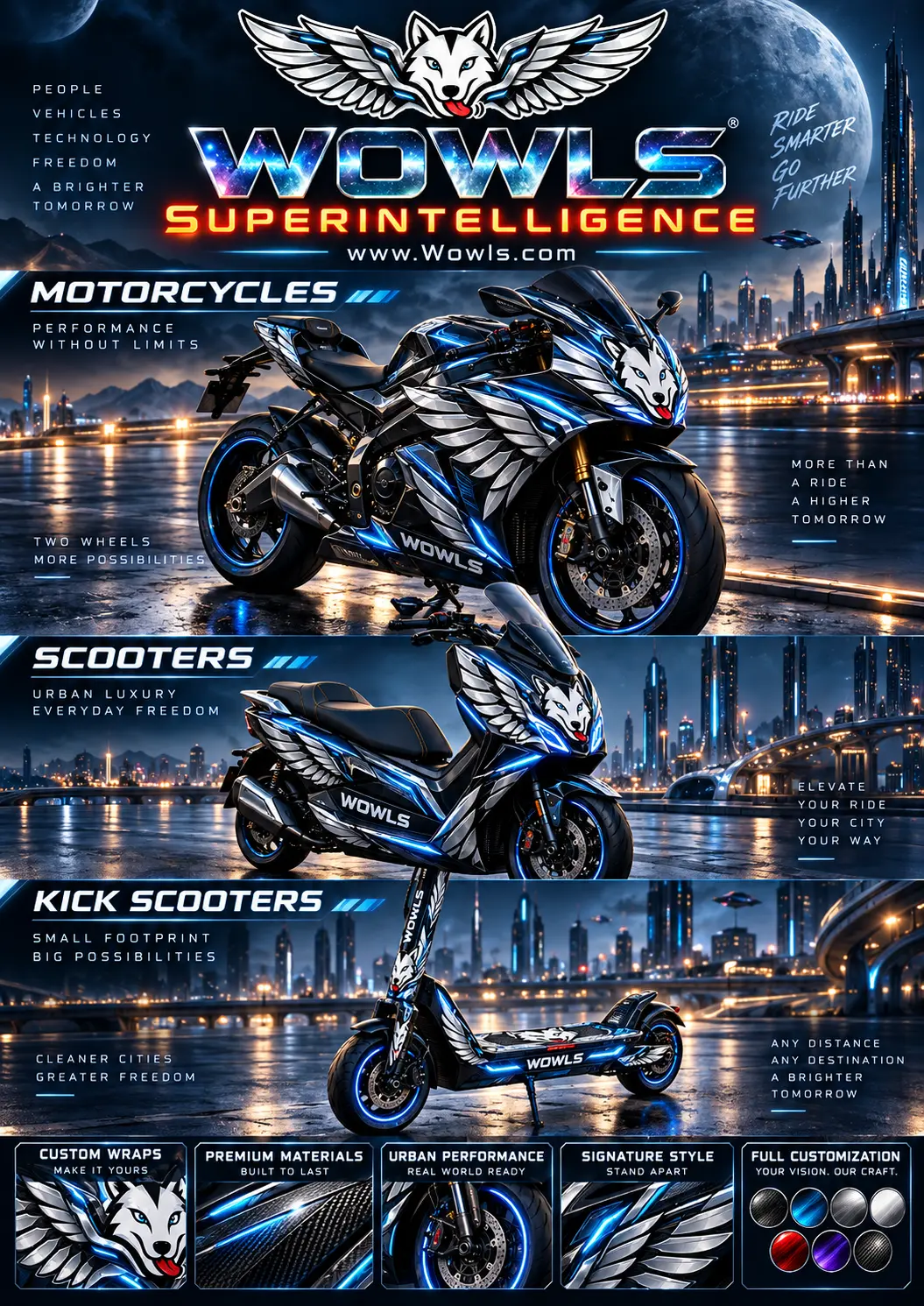 WOWLS! two-wheelers — motorcycles, scooters and kick scooters in winged-wolf liveries on a neon night city street under a giant moon