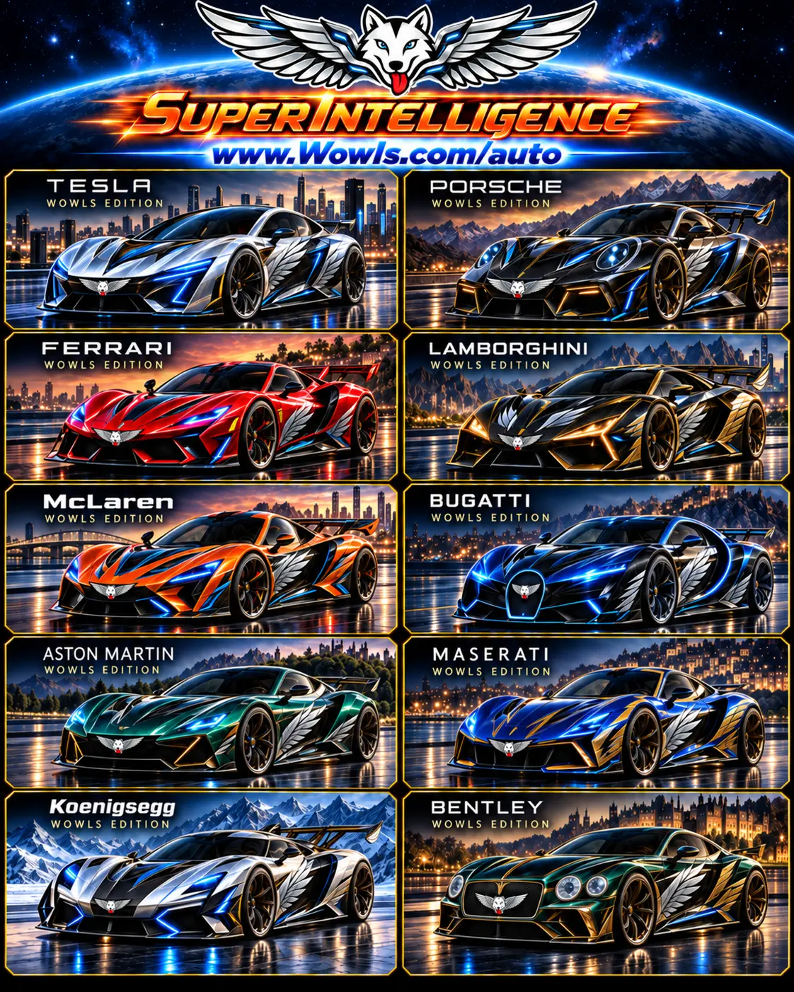 Ten-panel WOWLS! Auto showcase — Tesla, Porsche, Ferrari, Lamborghini, McLaren, Bugatti, Aston Martin, Maserati, Koenigsegg and Bentley editions wearing the winged-wolf livery