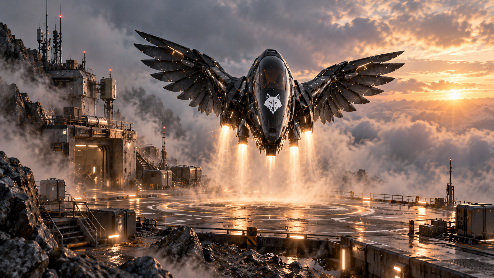 Winged WOWLS aircraft lifting off a mountaintop landing pad at sunset