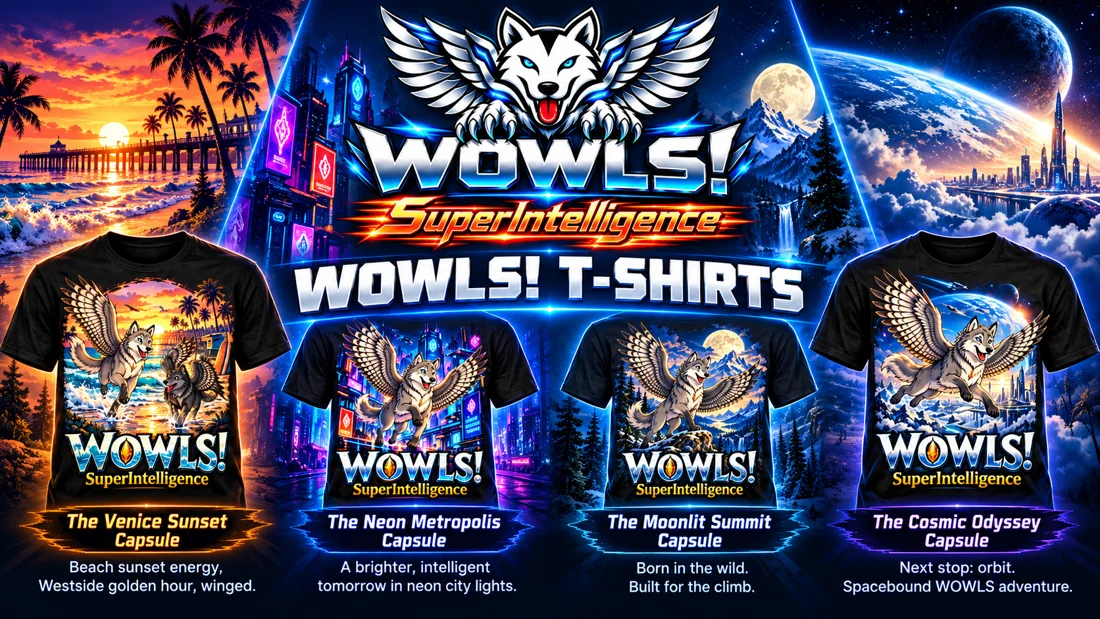 WOWLS! four capsule t-shirts — Venice Sunset, Neon Metropolis, Moonlit Summit and Cosmic Odyssey