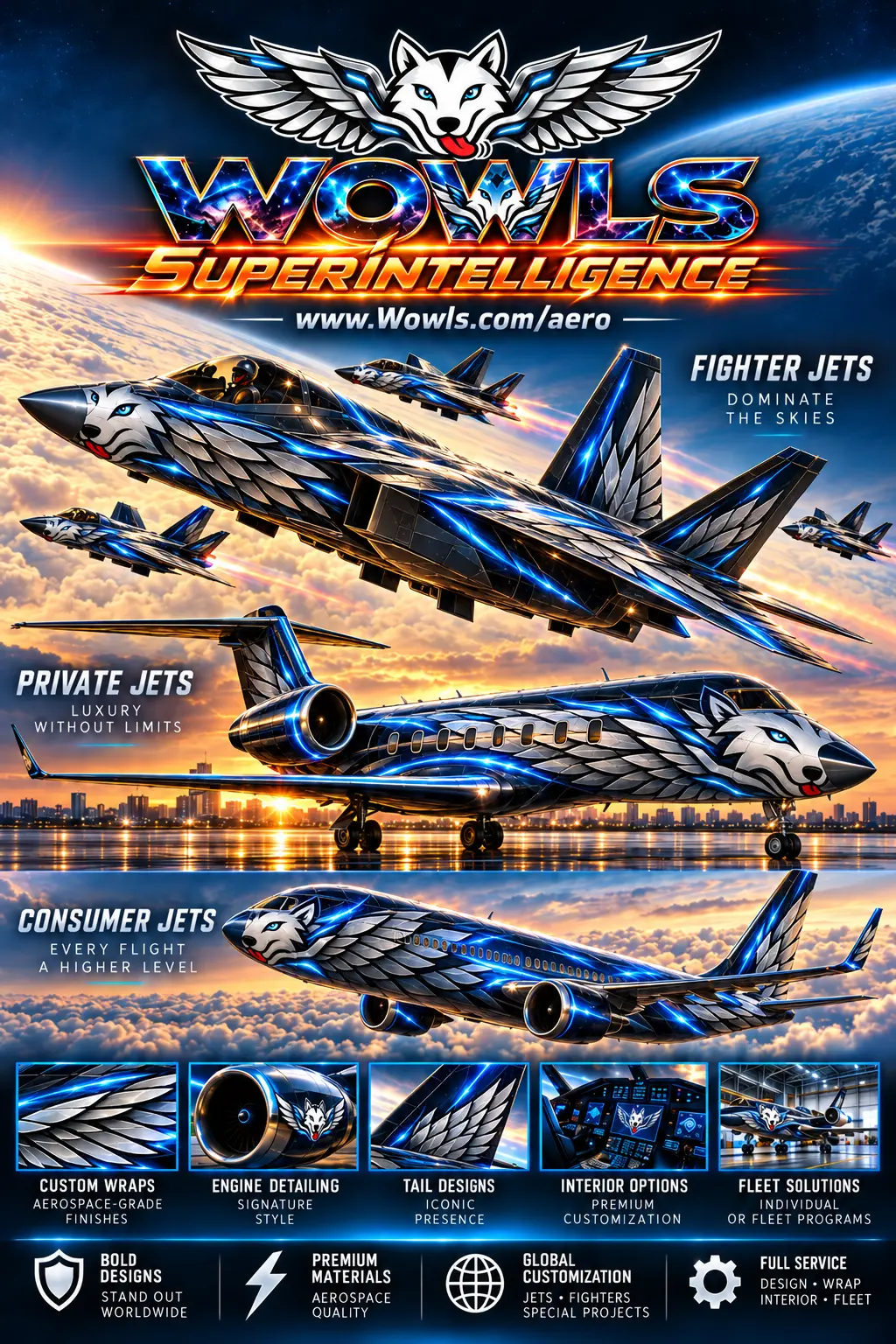 WOWLS! Aero poster — fighter jets above the clouds, a private jet on a sunset tarmac and a consumer jet in flight, each wearing the winged-wolf livery