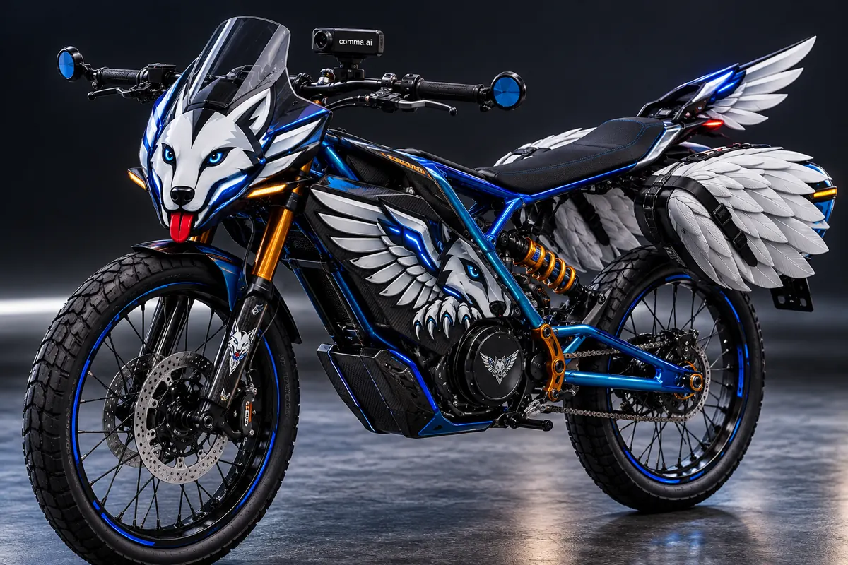 WOWLS! Zuun-Class street interceptor: hyper-light electric motorcycle with exposed skeletal frame, winged-wolf front cowl with fast-charge tongue hatch, owl-feather pannier saddlebags and feather tail fin